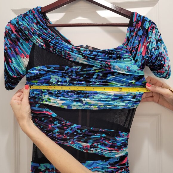 BCBG MAXAZRIA Runway Dress. Mesh Cutouts. Blue Abstract Bodycon. Size S. - Picture 7 of 16